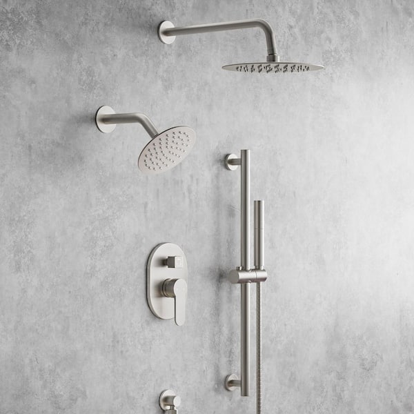 3-Spray Patterns Round Fixed Shower Head 10 and 6 in. 2.5 GPM Dual Shower Heads in Brushed Nickel (Valve Included)