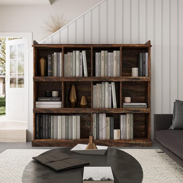 XUJMK 53 in. W x 12 in. H x 47 in. D Wood Rectangular Shelf in Brown, 10-Shelf Bookcase, Large Open Bookshelves