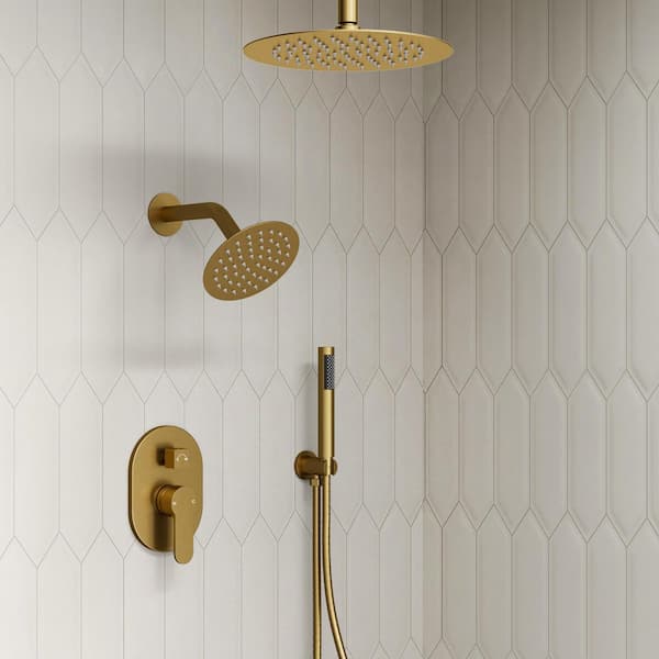3-Spray 10 and 6 in. Dual Shower Heads Ceiling Mount and Handheld Shower Head in Brushed Gold (Valve Included)