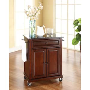 Rolling Mahogany Kitchen Cart with Black Granite Top