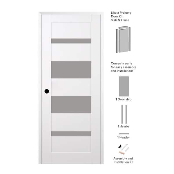Mirella 28 in. x 80 in. Right Hand 4-Lite Frosted Glass Snow White Composite Wood Single Prehung Door