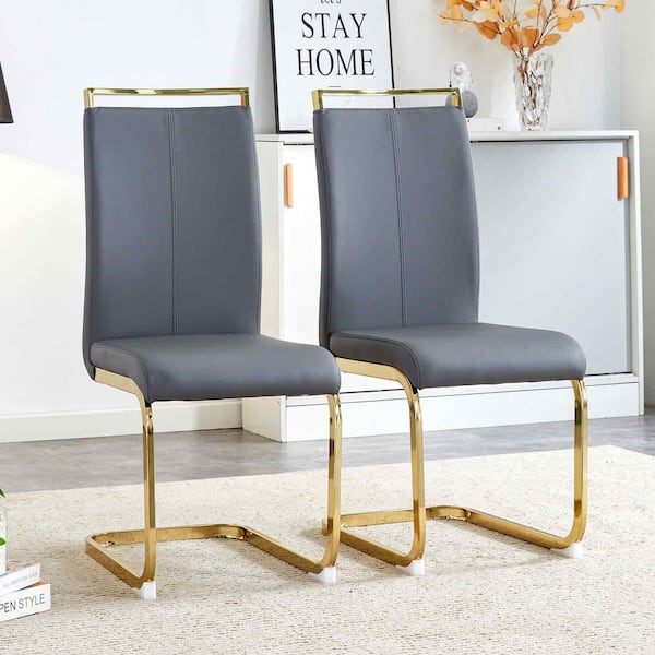 Modern Dark Gray PU Leather Seat Dining Chairs Set of 2 for Kitchen, Living, Dining Room