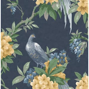 Golden Pheasant Dark Blue Floral Wallpaper Sample