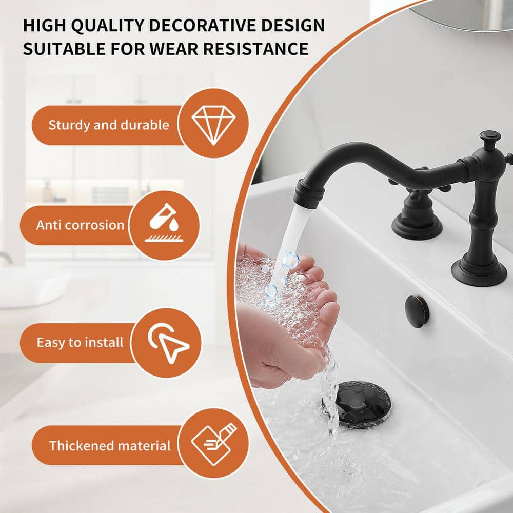 Matte Black 8-Inch Widespread 2-Handle Bathroom Faucet with Drain Kit
