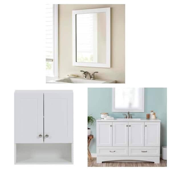Lancaster 20 in. x 27 in. White Mirror, 21 in. x 8 in. x 26 in. Cabinet and 49 in. Single Sink White Vanity Combo