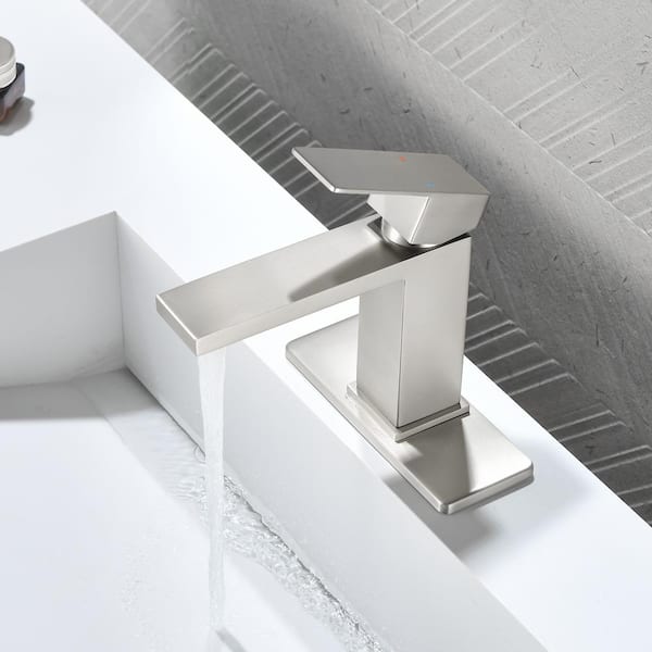 Single Handle Single Hole Bathroom Faucet with Deckplate&Drain Included, Square Bathroom Faucet in Brushed Nickel
