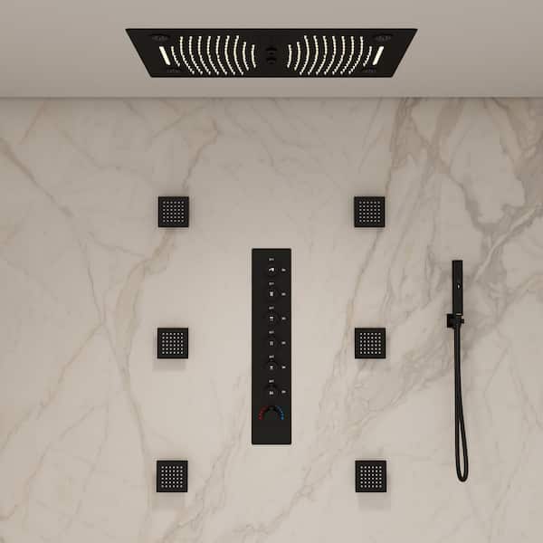 LED Mood Lighting 6-Spray Rectangular 28 in. x 16 in. Ceiling Mount Wall Bar Shower Kit 2.5 GPM in Matte Black