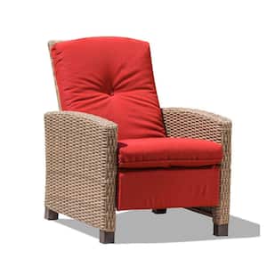Red Rattan Wicker Outdoor Recliner Lounge All-Weather Woven Wicker Reclining Patio Soft Cozy Chair with Red Cushion