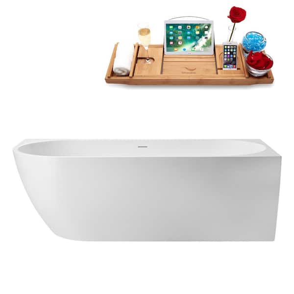 Streamline 71 in. x 32 in. Acrylic Freestanding Soaking Bathtub in Glossy White with Matte Oil Rubbed Bronze Drain, Bamboo Tray