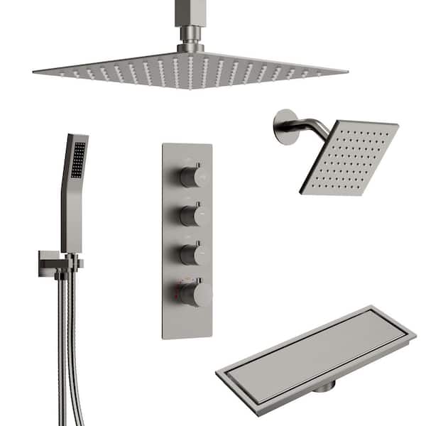 7-Spray 16 and 6 in. Ceiling Mount Dual Fixed and Handheld Shower Head with Shower Drain 2.5 GPM in Brushed Nickel