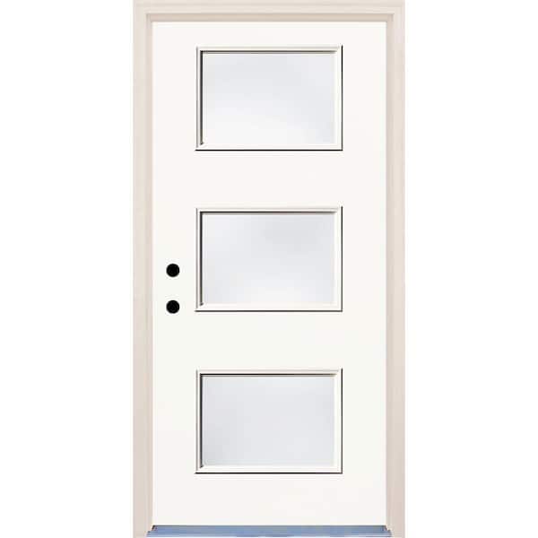 Builders Choice 36 in. x 80 in. Right-Hand Classic 3 Lite Clear Glass Painted Fiberglass Prehung Front Door with Brickmould