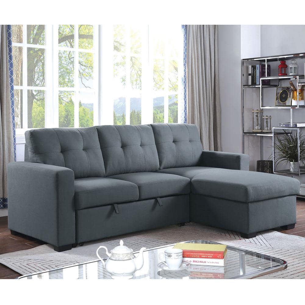 Jacob 2-Piece Gray Linen 3-Seater L-Shaped Sectional Reversible Chaise with Pull-out Sleeper