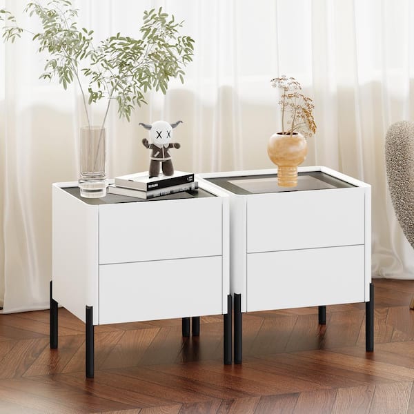 FUFU&GAGA 17.7 in. Width White & Black Rectangle Wooden End Table with Glass Top, Round Edges, 2 Drawers & Black Legs( Single)