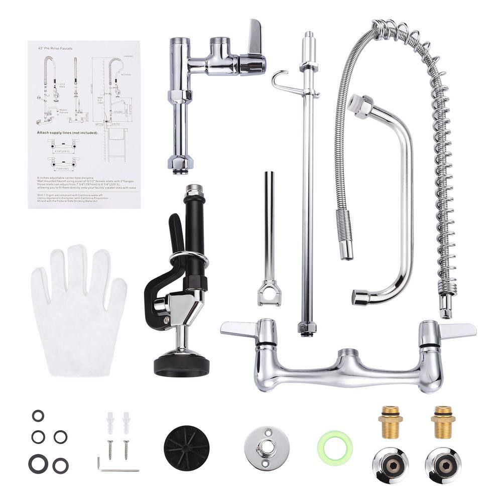 Commercial Chrome Triple Handle Wall Mount Kitchen Faucet with Pull-out Spray