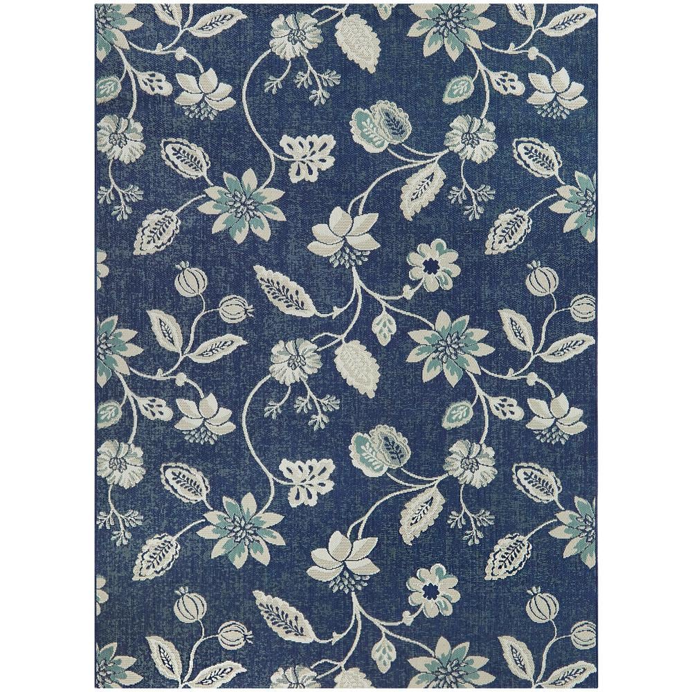 Hampton Bay Blue/White 7 ft. x 9 ft. Floral Indoor/Outdoor Patio Area