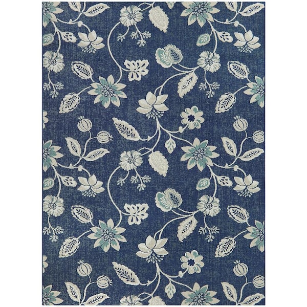 Hampton Bay Blue/White 7 ft. x 9 ft. Floral Indoor/Outdoor Area Rug