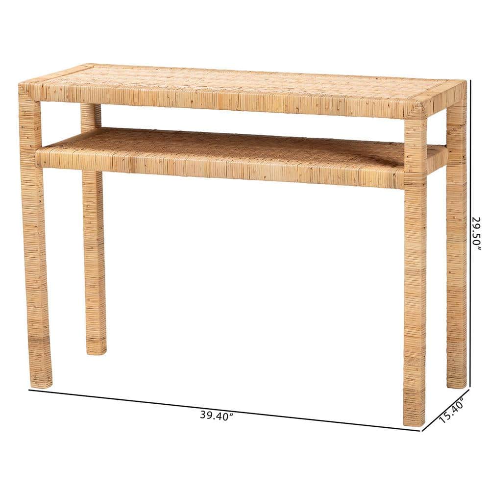 Light Honey Acacia Wood and Rattan Console Table with Storage