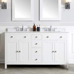 Austen 60 in. W x 22 in. D x 34 in. H Double Sink Bath Vanity in White with White Engineered Marble Top
