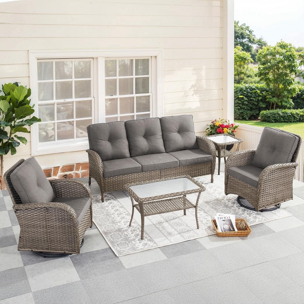Carlos Gray 5-Piece Wicker Patio Conversation Sofa Set Outdoor Swivel Chair Set with Gray Cushion Guard Cushions price history on PriceWatchPro