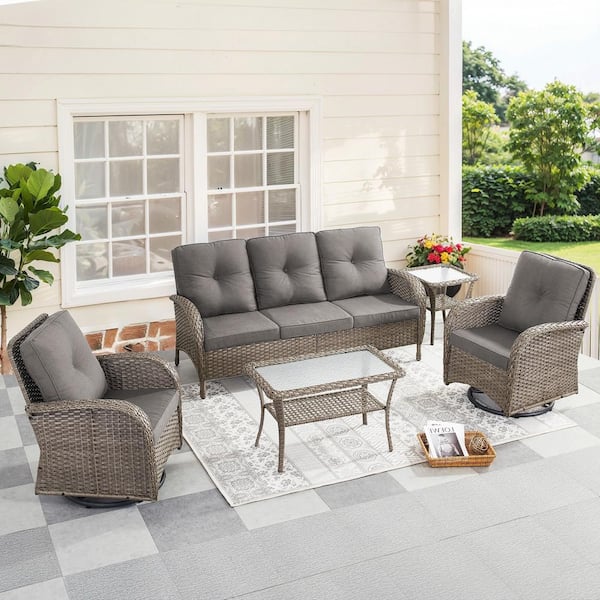 Gymojoy Carlos Gray 5-Piece Wicker Patio Conversation Sofa Set Outdoor Swivel Chair Set with Gray Cushion Guard Cushions