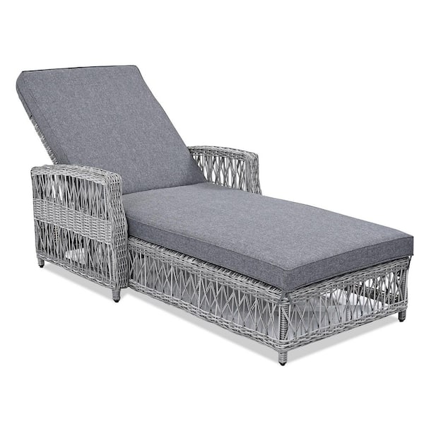 Wicker Outdoor Chaise Lounge with Gray Removable Cushions, Patio Adjustable Recliner for Poolside and Garden