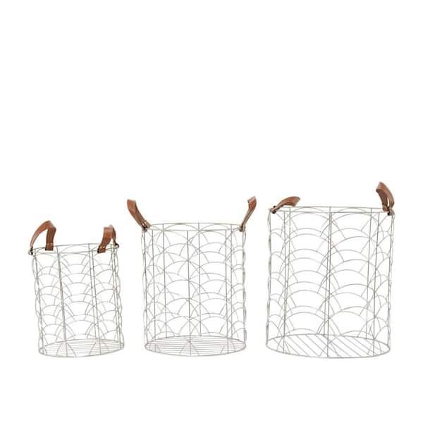 CosmoLiving by Cosmopolitan Metal Storage Basket with Faux Leather Handles (Set of 3)