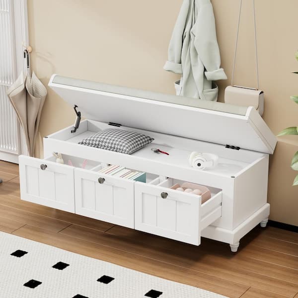 Harper & Bright Designs White Dining Bench with Cushioned Seat, Flip Top Storage and 3 Drawers 44 in.