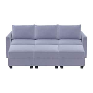 Contemporary 3 Seater Upholstered Sectional Sofa with 3 Ottoman - Gray Linen - Sofa Couch for Living Room/Office
