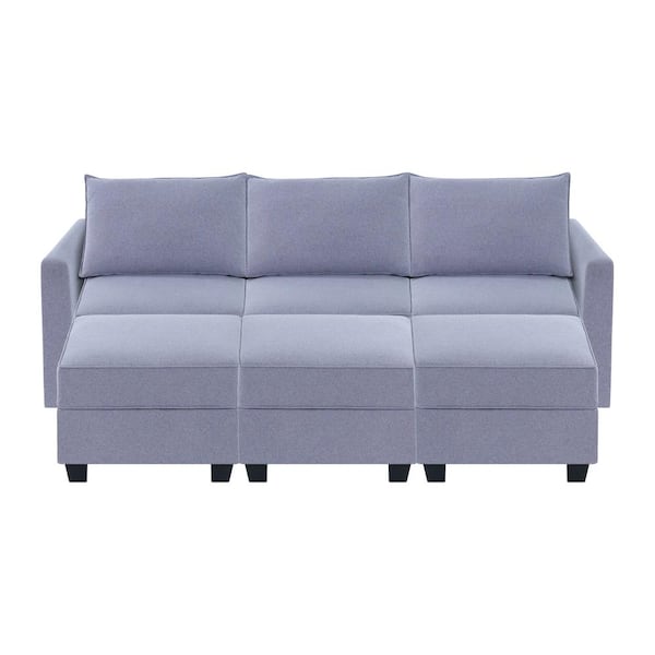 MAYKOOSH Contemporary 3 Seater Upholstered Sectional Sofa with 3 Ottoman - Gray Linen - Sofa Couch for Living Room/Office