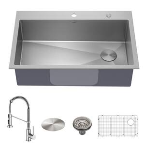 Loften All-in-One Stainless Steel 33 in. 2-Hole Single Bowl Drop-in / Undermount Kitchen Sink with Pull Down Faucet