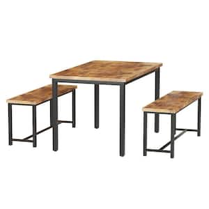 Grondin Industrial Style 3-Piece Rectangle Brown MDF Top Bar Table Set Seats 4, Kitchen Dining Room Set with 2 Benches