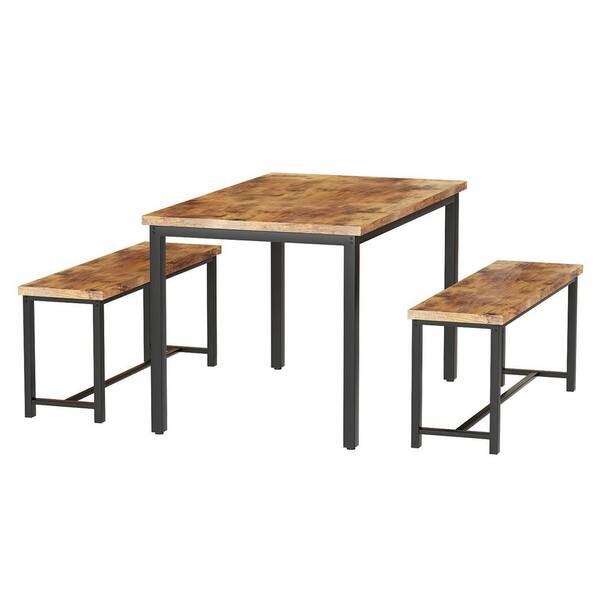 mieres Grondin Industrial Style 3-Piece Rectangle Brown MDF Top Bar Table Set Seats 4, Kitchen Dining Room Set with 2 Benches