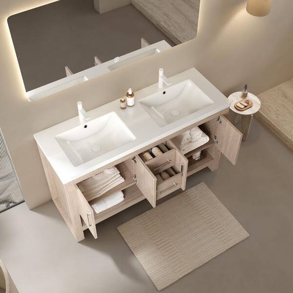 Loiry 60 in. Double Sink Freestanding Light Oak Bath Vanity with White Sintered Stone Top Unassembled