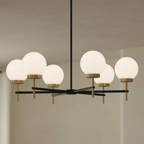 Rigsby 60-Watt 6-Light Matte Black and Brushed Gold Transitional Medium Chandelier with Opal Glass Shades