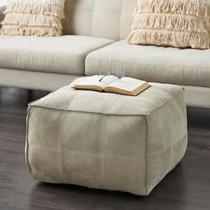 19 in. Gray Leather Low Profile Sq. with Patchwork Design Pouf