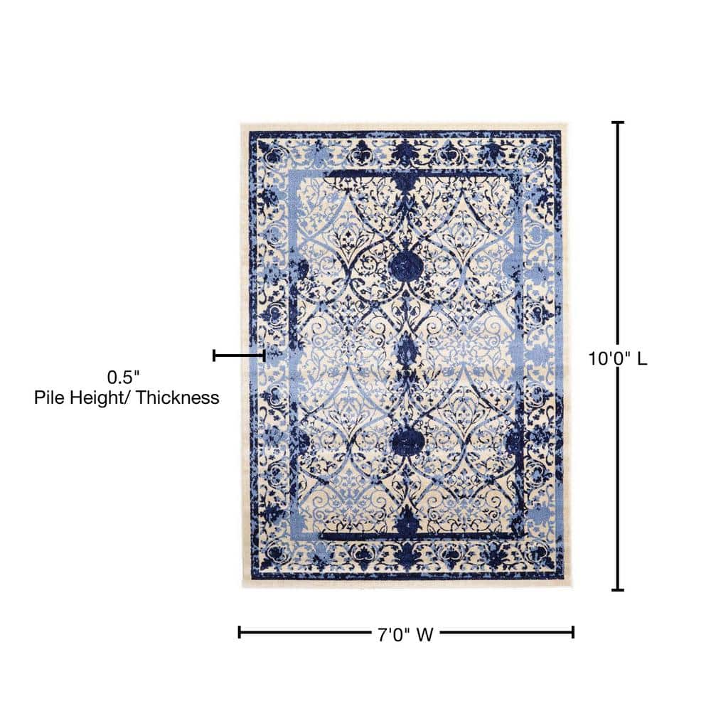 Blue Floral Motif Synthetic Low Pile Area Rug
