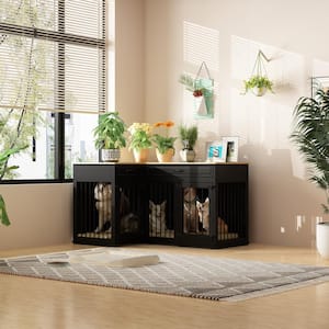 Corner Dog Crate Furniture for 2 Dogs with Drawers, Black Large Furniture Style Dog Kennel Pet Pens Cage for Medium Dogs