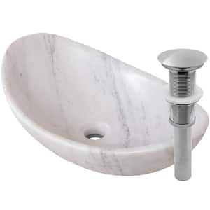 Stone Bathroom Sink in Carrara White Marble Oval Vessel Sink with Umbrella Drain in Brushed Nickel