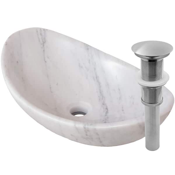Novatto Stone Bathroom Sink in Carrara White Marble Oval Vessel Sink with Umbrella Drain in Brushed Nickel