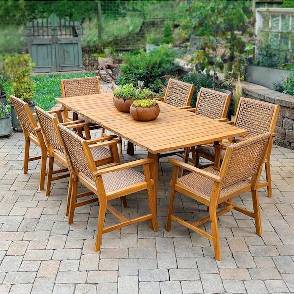 Brown 9-Piece Outdoor Patio Dining Set With Acacia Rectangular Table and Acacia wooden Chairs