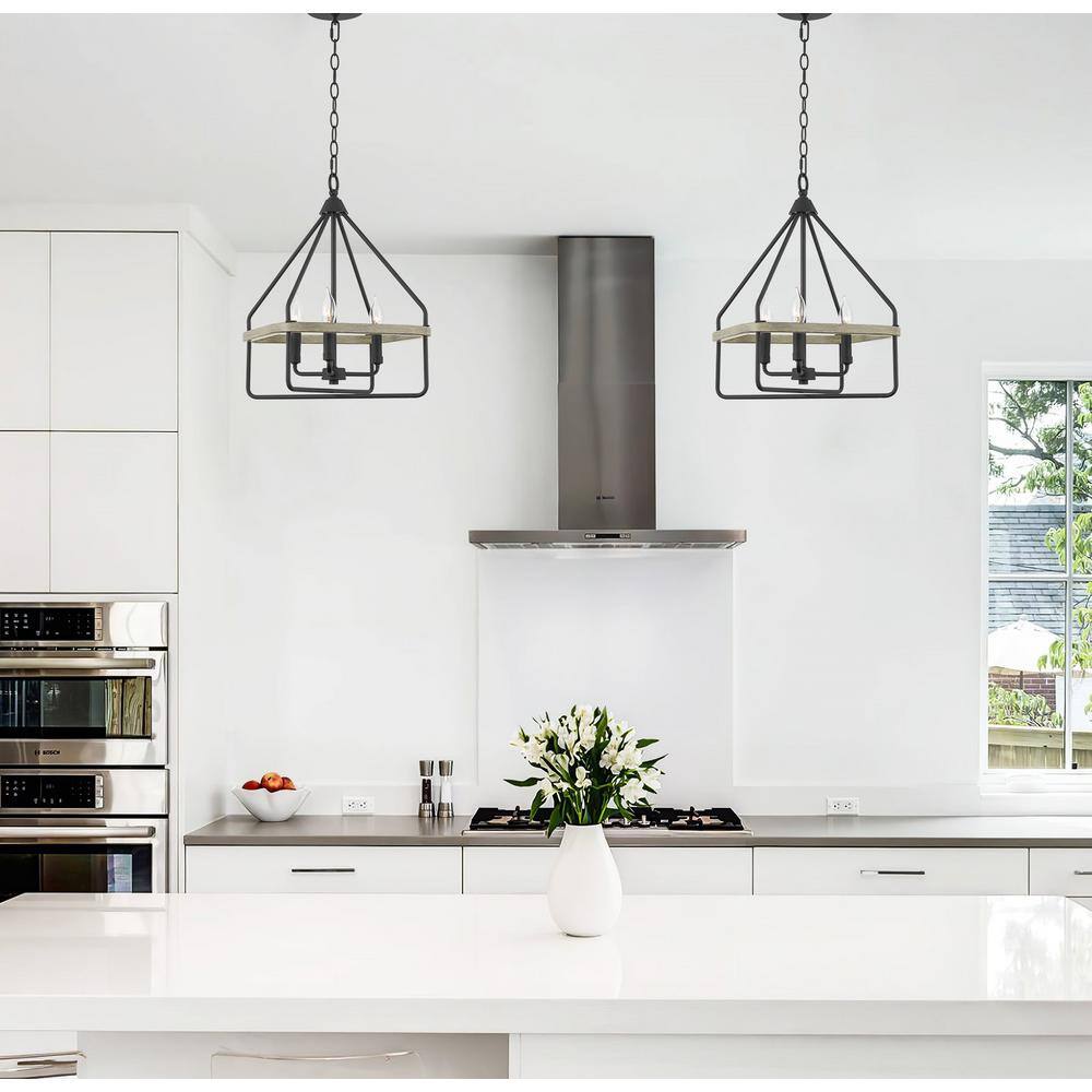 Sandblasted Black and Gray Oak Metal Square Lantern Chandelier