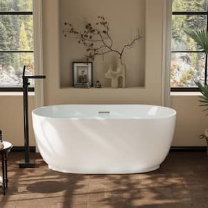 59 in. Oval Pure Virgin Acrylic Flatbottom Freestanding Soaking Bathtub in White with Drain and Overflow Included
