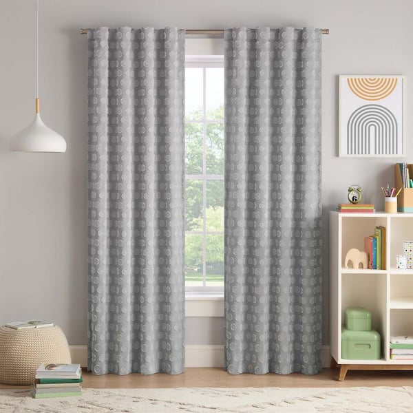 Eclipse Kids Dot Clip Grey Polyester 40 in. W x 63 in. L Rod Pocket Back Tab 100% Blackout Curtain (Single Panel)