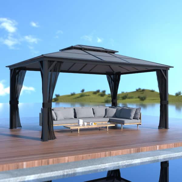 16 ft. W x 12 ft. D Aluminum Gazebo Polycarbonate Double Top Roof with Black Textilene Netting