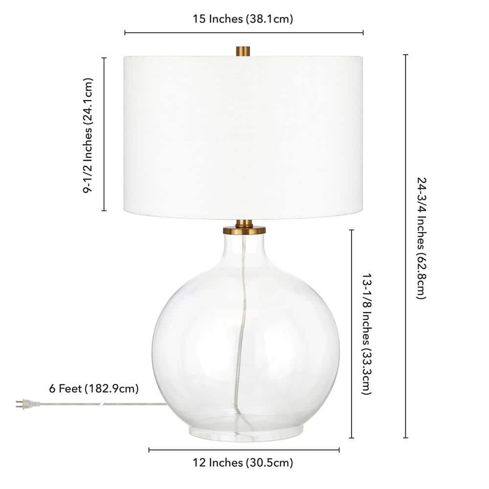 Clear Glass and Brass Nightstand Lamp with White Barrel Shade