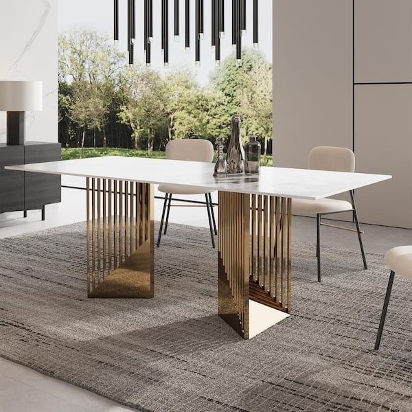 Monland Modern Rectangle White Patek Philippe Stone Tabletop 62.99 in. Stainless Steel Double Pedestal Dining Table (6 Seats)