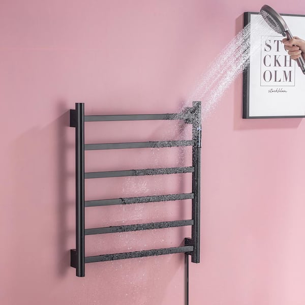 Timer 6-Towel Holders Wall Mounted Plug-in/Hardwired Towel Warmer Heated Towel Racks Stainless Steel in Matte Black
