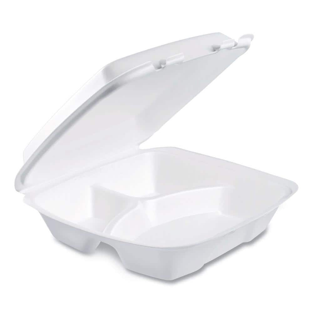 Foam Hinged Lid Containers with Performer Perforated Lids, 3-Compartment, 9