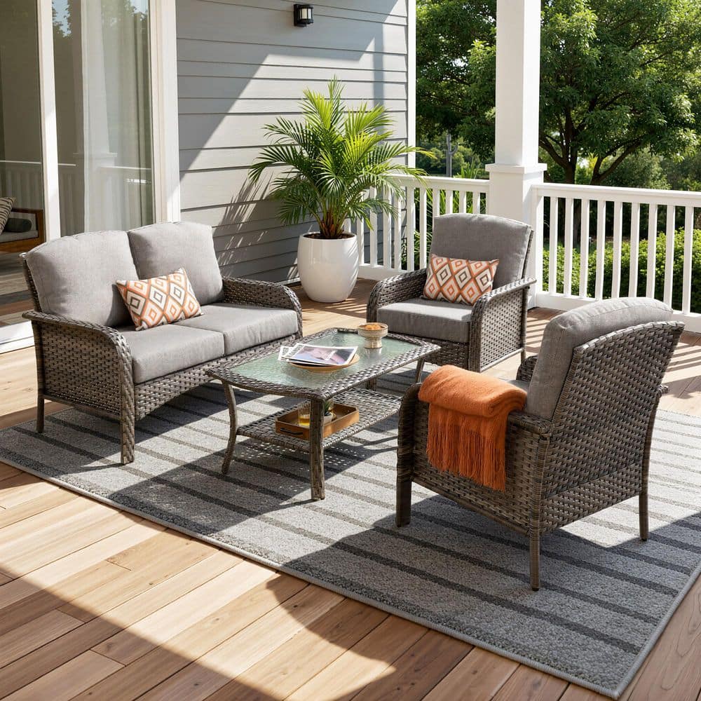 OVIOS Missisi Gray 4-Piece Wicker Patio Conversation Seating Set