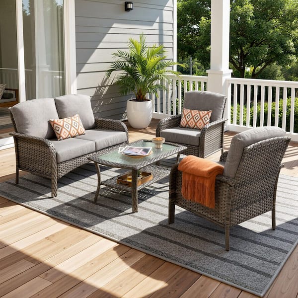 Missisi Gray 4-Piece Wicker Patio Conversation Seating Set with Dark Gray Cushions and Coffee Table